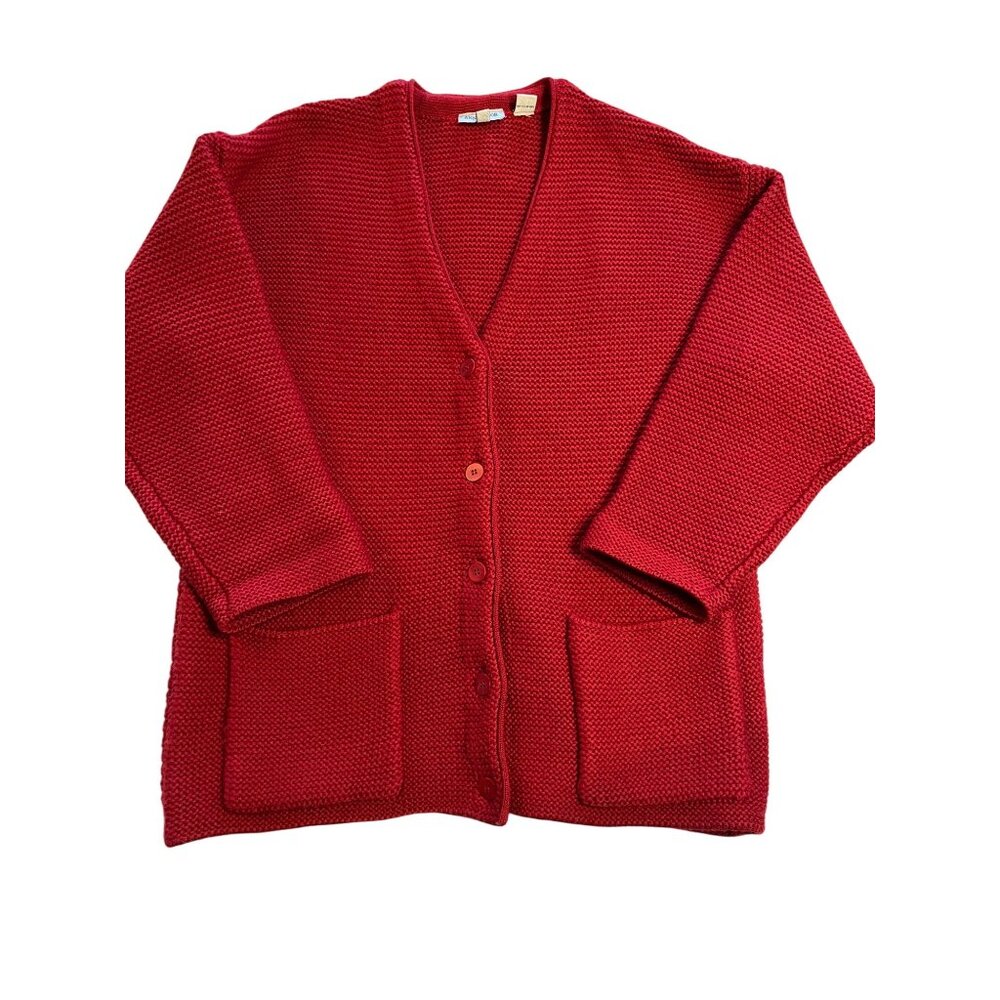 VTG-Ann Taylor Womens Red 100% Wool  M thick chunky heavy cardigan sweater